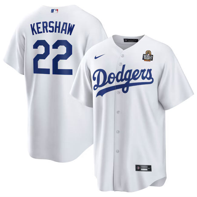 Los Angeles Dodgers #22 Clayton Kershaw White 2024 World Series Cool Base Stitched Jersey - Click Image to Close